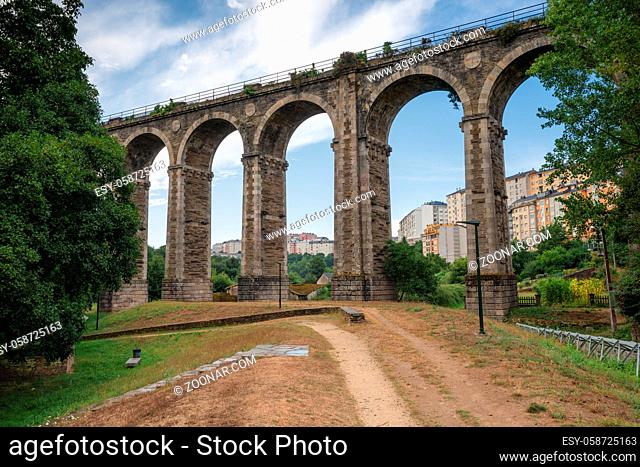 Panoramic image of the old railway bridge of Lugo with the city in the background, Galicia, Spain