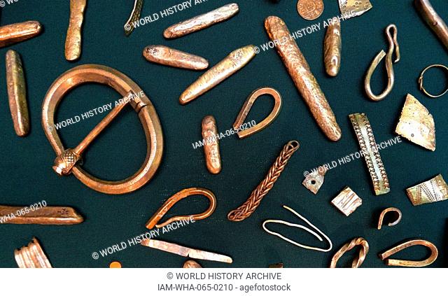 The Cuerdale Hoard, part of a Viking silver hoard found in a lead chest beside the River Ribble at Cuerdale, Lancashire. Consisting of around 7500 coins and...