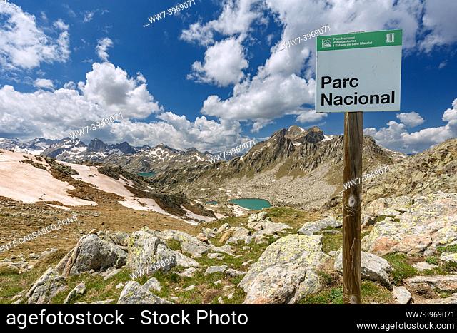 National park signal at Port de Caldes, Aiguestortes national park, Pyrenees, Spain