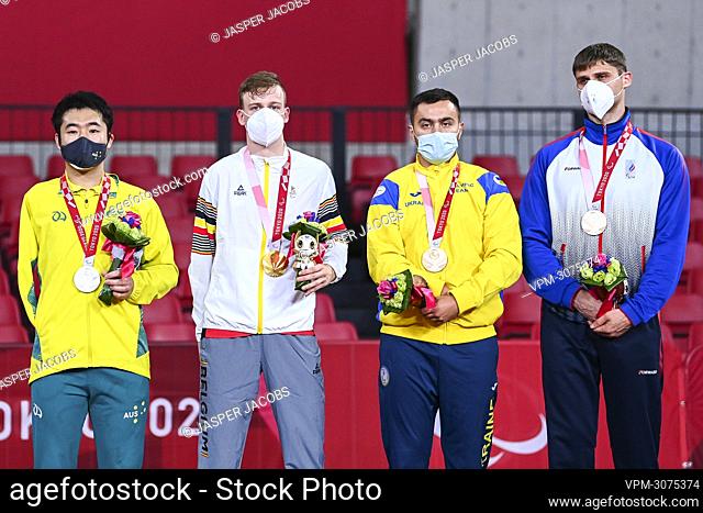 Australian Lin Ma, Belgian table tennis player Laurens Devos, Ukrainian Ivan Mai and Russian Iurii Nozdrunov pictured on the podium during the medal ceremony...