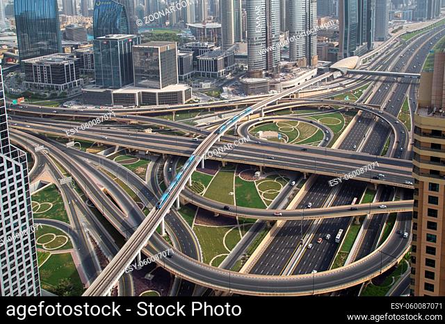 Dubai, United Arab Emirates - July 20, 2018: Aerial view of the Sheikh Zayed Junction with multi-storey bridges