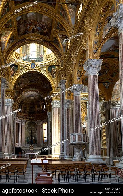 the interior of the basilica della santissima annunziata del vastato in genao, italy. this cathedral is decorated by the major baroque studios and artists of...