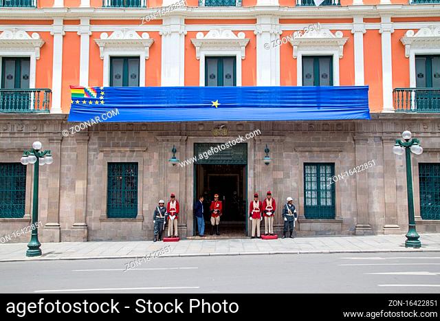 La Paz, Bolivia - October 24, 2015: Guards in front of the presidential palace