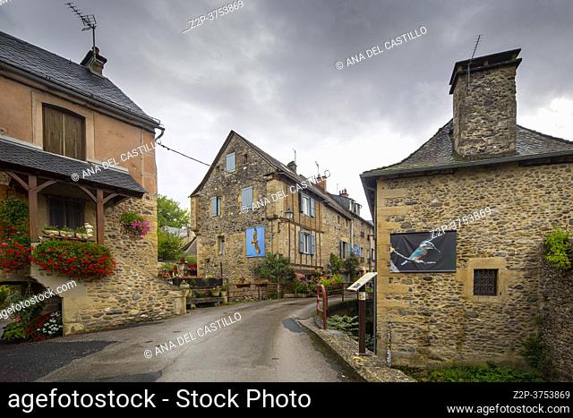 Sainte-Eulalie-d'Olt South of France, Aveyron Occitania on September 24, 2020 nice view of the antique medieval stone buildings at The banks of Lot river