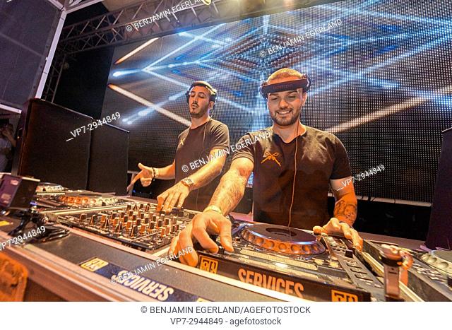 DJ Mfrag Fragakis and DJ Victor Markakis at music festival Starbeach Lovestar Neon in Hersonissos, Crete, Greece, on 23. August 2017
