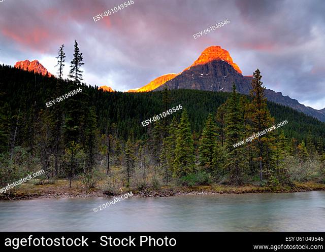 Panoramic image of the Waterfowl Lakes at sunrise, Banff National Park, Icefield Parkway, Alberta, Canada