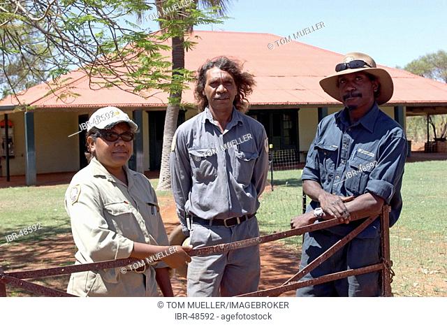 Three rangers aborigines at the visitor center Millstream Chichester National Park Pilbara region western australia WA