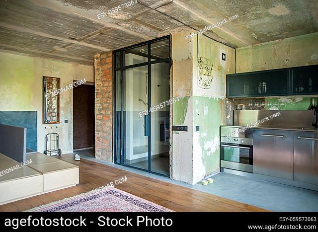 Studio in a lost style with shabby and brick walls. There is a bathroom zone with glass doors with curtain and a shower, kitchen zone with oven, sink