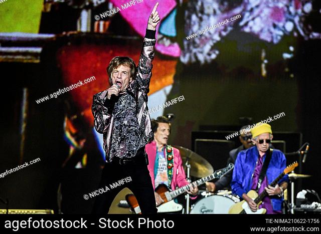 The Rolling Stones Ronnie Wood (L), Mick Jagger (C), and Keith Richards (R), perform on stage, during the band's concert, part of the 'Sixty tour'