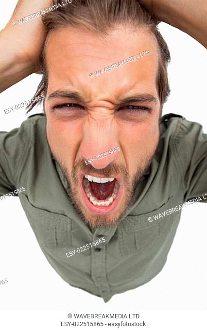Overhead angle of shouting man on white background