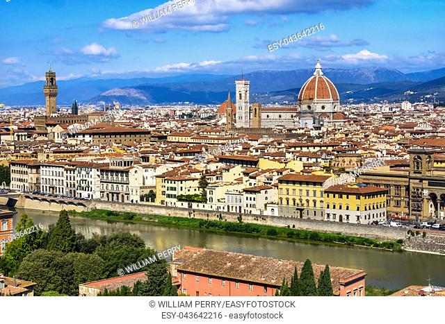 Palazzo Vecchio Duomo Cityscape Arno River Overview Florence Tuscany Italy
