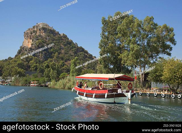 Touristic river boats between reeds in the nature preservation area on Dalyan River, Lake Koycegiz, Mugla Province, Aegean Region, Turkey, Europe
