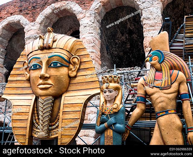 pieces of set design of the Aida opera are transported to the Arena for a show, Italy