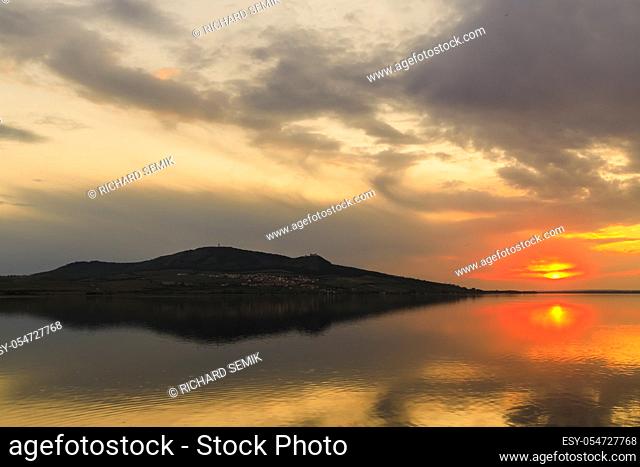 Sunset over Nove Mlyny lake in Palava region, Southern Moravia, Czech Republic