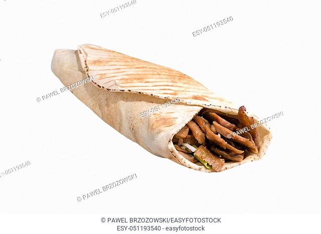 Pita wrap sandwich isolated on white background. For fast food restaurant design or fast food menu. Pita stuffed with meat and vegetables on white background