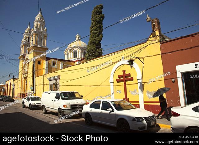 View to the Santa Cruz De Jerusalen church in the town center, Cholula, Puebla State, Mexico, Central America