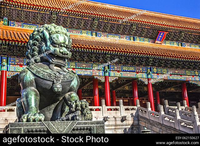 Dragon Bronze Statue With Hand Ball World Tai He Men Gate Gugong Forbidden City Emperor's Palace Beijing China Chinese says Peaceful Gate Dragon symbol of...