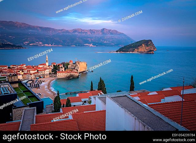 Evening panorama of the popular summer resort town Budva on the Adriatic coast in Montenegro