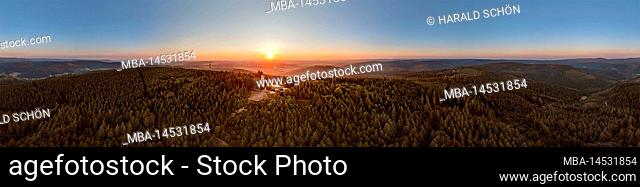 Germany, Thuringia, Ilmenau, Kickelhahn, observation tower, Telekom tower, city, sunrise, forest, mountains, partly backlight, 360° panorama