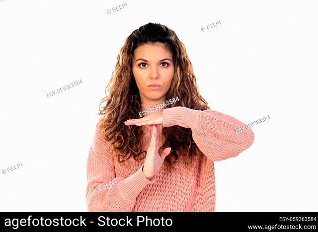 Beautiful middle aged woman with pink woolen sweater isolated on a white background