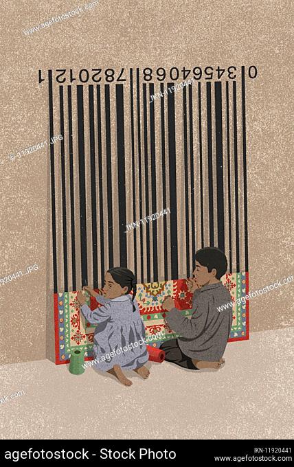 Children weaving rug on barcode loom