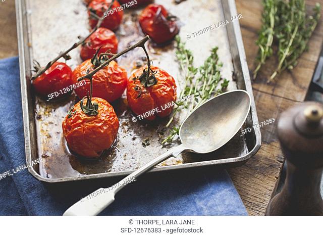 Roasted vine tomatoes with thyme on a baking tray