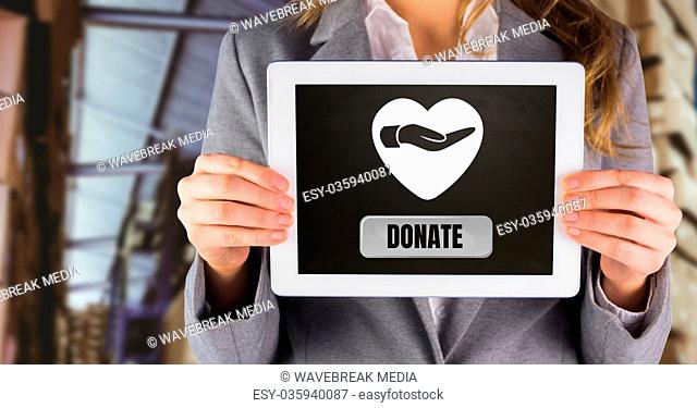 Woman holding tablet with donate button and hand giving with heart for charity