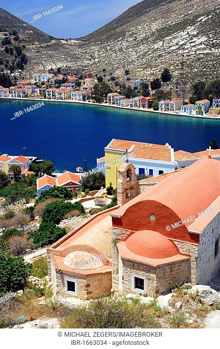 St. Nicholas church above the bay, town Megisti on Kastelorizo island, Meis, Dodecanese Islands, Aegean, Mediterranean, Greece, Europe