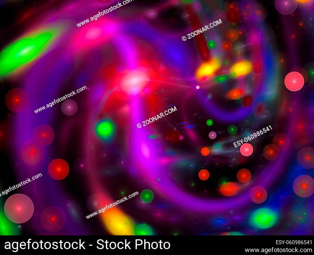 Abstract purple blur - computer-generated image. Fractal geometry - blurred swirl with bubble bokeh. Festive background or backdrop for cards, posters
