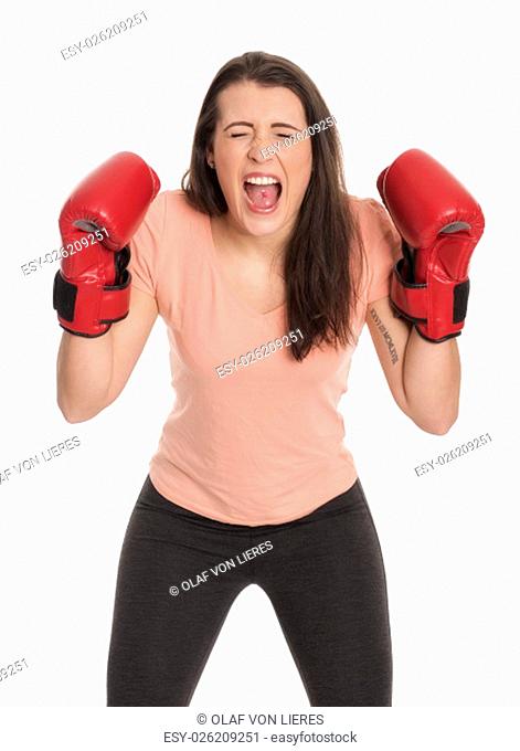 young woman with boxing gloves screams