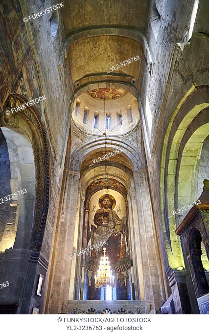 Pictures & images of the interior main aisle and apse fresco depicting Christ Pantocrator. The Eastern Orthodox Georgian Svetitskhoveli Cathedral (Cathedral of...