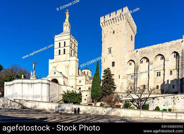 Avignon, France - 18 March, 2021: view of the historic Palais du Pape and city square in Avignon