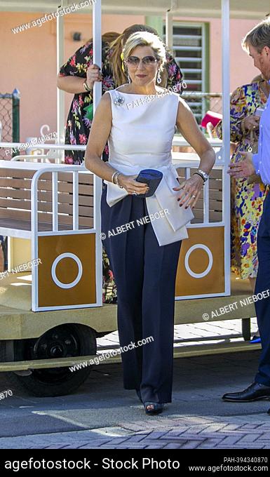 Queen Maxima of The Netherlands arrive at Philipsburg, on February 06, 2023, for a trolley train ride to Walter Plantz Square, to visit Color Me SXM