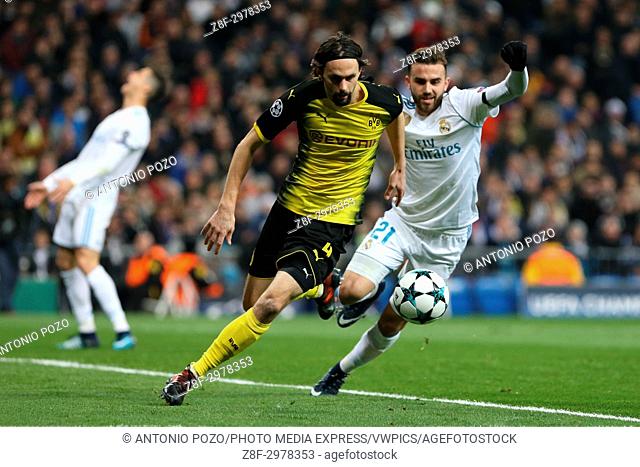 MADRID, SPAIN - Neven Subotic and Borja Mayoral. Real Madrid brought the curtain down on their group-stage campaign with a 3-2 victory over Borussia Dortmund in...