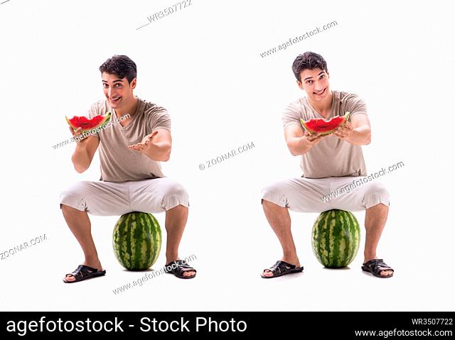 Young man with watermelon isolated on white