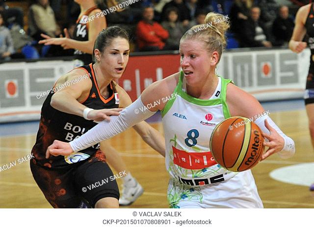 Romane Bernies of Bourges (left) and Katerina Hindrakova of Brno in action during round 8, European league women basketball match BK IMOS Brno vs Bourges in...