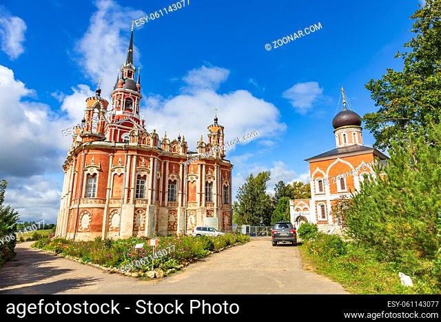 Mozhaysk, Russia - September 4, 2021: Exterior of the orthodox Novo-Nikolsky Cathedral. Russian gothic of the early 19th century