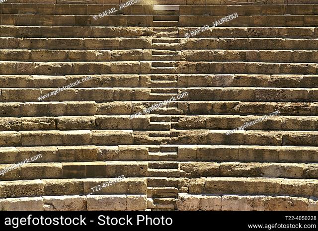 Malaga (Spain). Architectural detail of the stands of the Roman Theater of the city of Malaga in the historic center