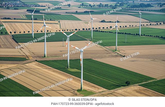 Wind turbines standing between the districts of Lengende and Sohlde, Germany, 19 July 2017 (aerial shot taken with an ultra-light aircraft)