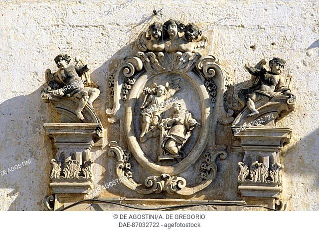 The Annunciation, frieze above the entrance to the Church of the Carmine (15th century), Morciano di Leuca, Puglia, Italy