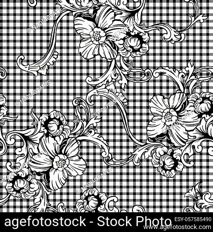 Eclectic fabric plaid seamless pattern with baroque ornament. Vector background