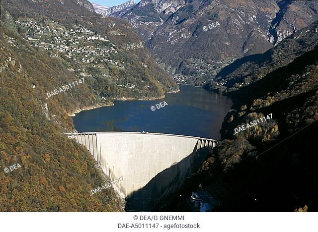 Aerial view of the dam over Lake Vogorno in Val Verzasca - Canton Ticino, Switzerland