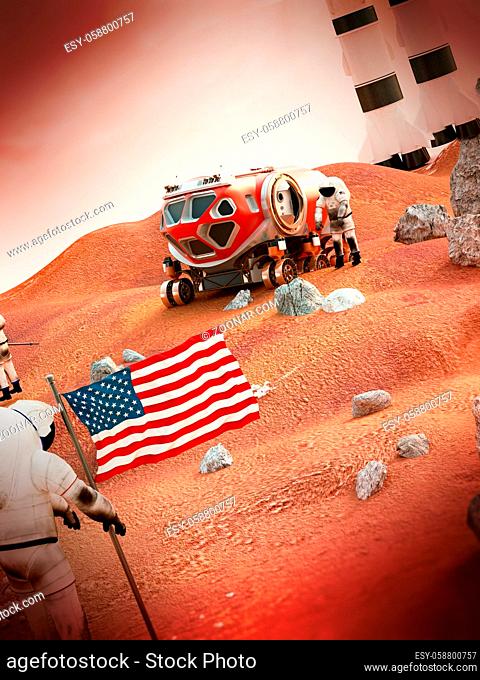 Fictitious scene including vehicles and astronauts depicts manned Mars mission