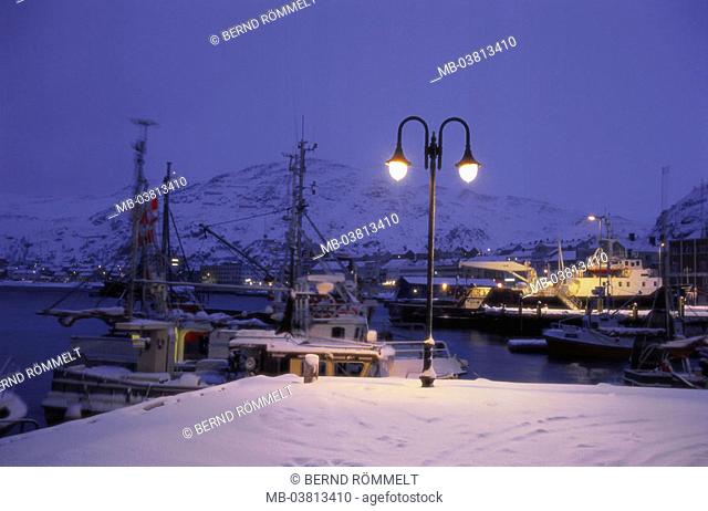 Norway, Finnmark, island Kvaløy,  Hammer party, harbor, ships,  Snow, dawn,  Scandinavia, city, port, landing place, fisher harbor, fisher boats, fish cutters
