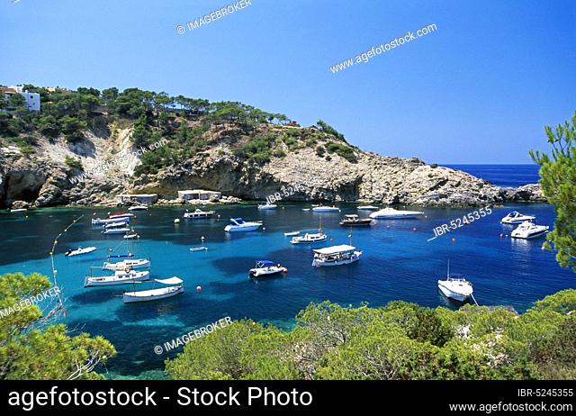 Sailing boats in Cala Vadella, Ibiza, Balearic Islands, Spain, Europe