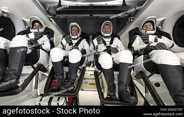 NASA astronauts Jessica Watkins, left, Robert Hines, Kjell Lindgren, and ESA (European Space Agency) astronaut Samantha Cristoforetti, right