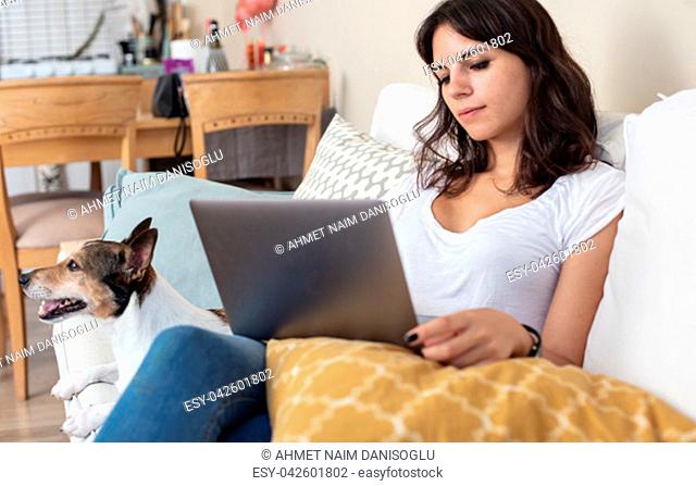 Attractive young woman relaxing on a sofa with a laptop computer while little jack Russell lying beside her on a living room
