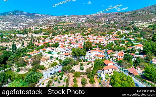 Aerial Lania (Laneia) wine village, Limassol, Cyprus. Bird's eye view of traditional Mediterranean, picturesque alleys, red ceramic roof tile houses, vineyards