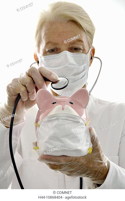 concepts, pork influenza, pig, piglet, pink, pink, person, woman, old, doctor, doctor, doctor, specialist, expert, help, assistance, hospital, hospital