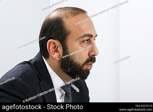 NORTH MACEDONIA, SKOPJE - NOVEMBER 30, 2023: Armenia's Minister of Foreign Affairs Ararat Mirzoyan is seen during a meeting with Russia's Ministry of Foreign...